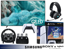 Samsung-Sony-Alienware-Logitech QLED 42 AI Smart TV + PS5 with Extra Controller + Gaming Headset + Driving Racing Wheel Bundle  - 65" Screen