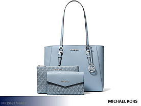 Michael Kors Charlotte Large Leather and Signature Logo 3-in-1 Tote Handbag (Pale Blue)